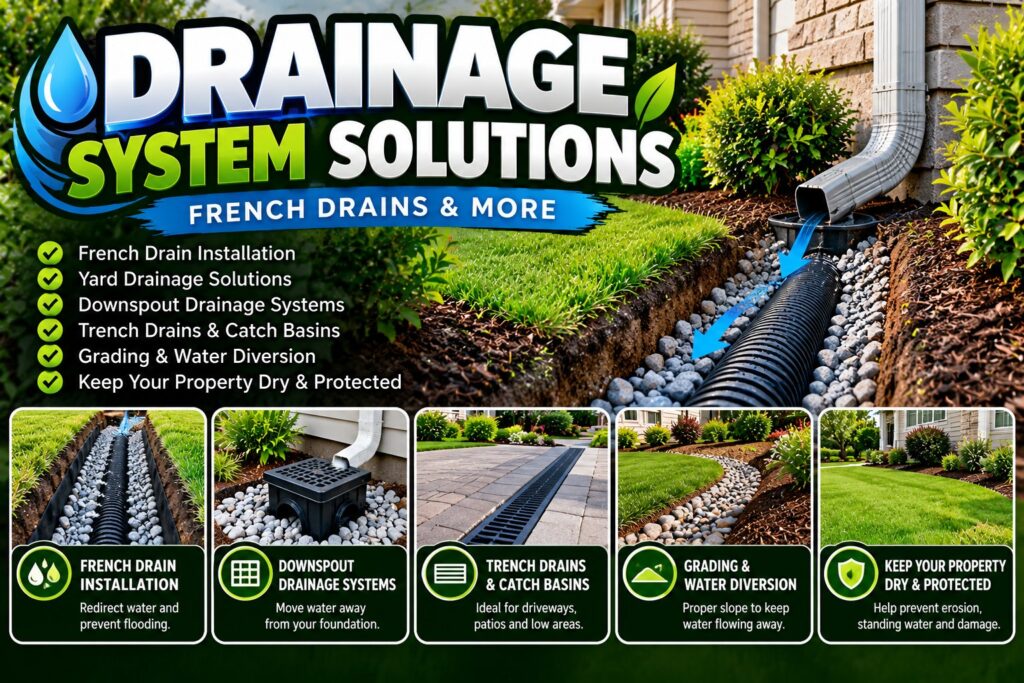 Drainage system solutions by Oakcrest Outdoors in Orlando: French drain installation, downspout drainage, trench drains, catch basins and grading