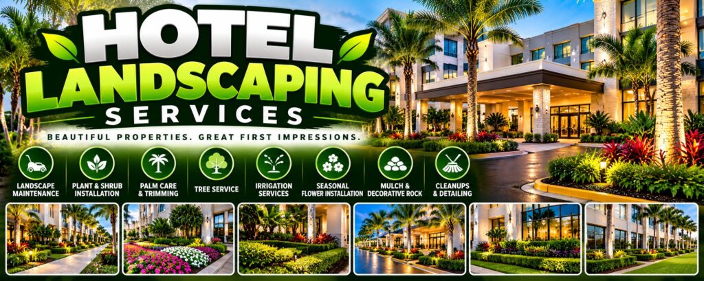 Hotel landscaping services by Oakcrest Outdoors in Orlando: landscape maintenance, plant and shrub installation, palm care, tree service, irrigation, seasonal flowers, mulch and rock, cleanups and detailing