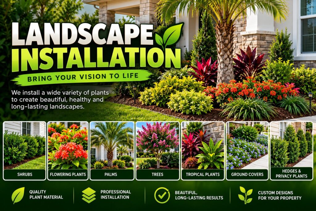 Landscape installation by Oakcrest Outdoors in Orlando: shrubs, flowering plants, palms, trees, tropical plants, ground covers and hedges