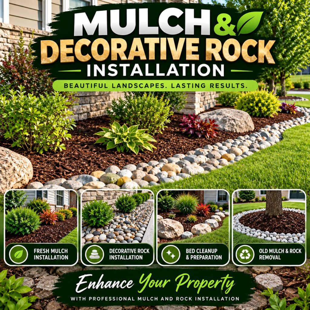 Mulch and decorative rock installation by Oakcrest Outdoors in Orlando: fresh mulch, decorative rock, bed cleanup and old mulch and rock removal