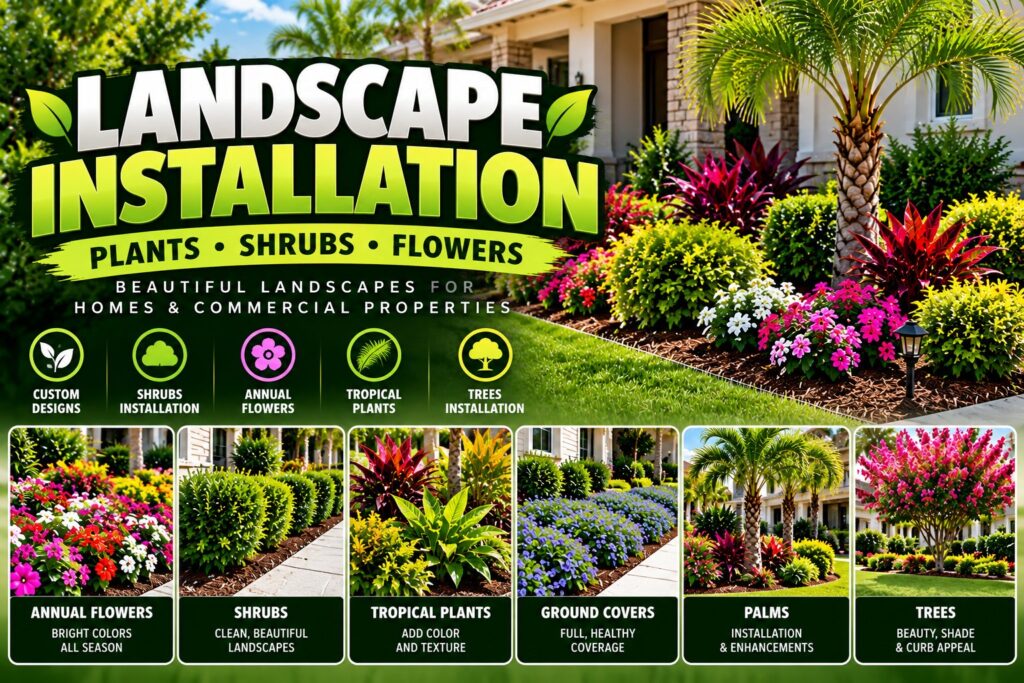 Plant and shrub installation by Oakcrest Outdoors in Orlando: annual flowers, shrubs, tropical plants, ground covers, palms and trees