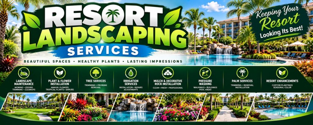 Resort landscaping services by Oakcrest Outdoors in Orlando: landscape maintenance, plant and flower installation, tree and palm services, irrigation, mulch and rock, pressure washing and resort enhancements