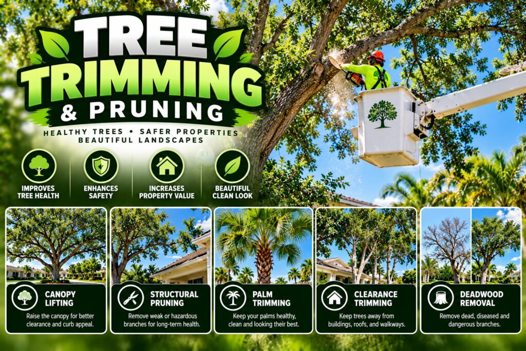 Tree trimming and pruning by Oakcrest Outdoors in Orlando: canopy lifting, structural pruning, palm trimming, clearance trimming and deadwood removal